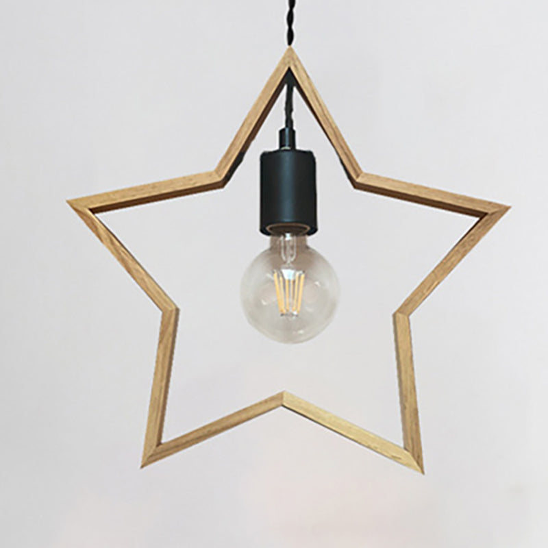 Contemporary Creative Solid Wood Pentagram Star 1-Light Pendant Light For Living Room