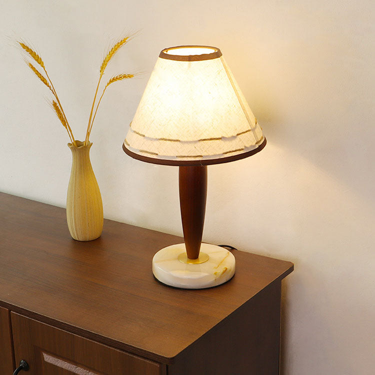 Traditional Vintage Tapered Marble Solid Wood Fabric 1-Light Table Lamp For Bedroom