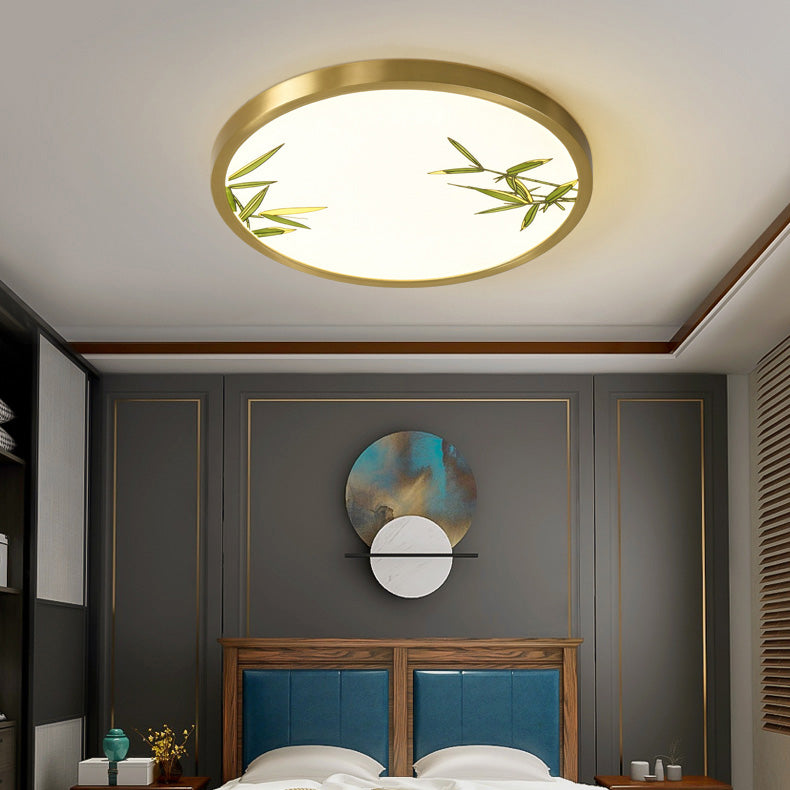 Traditional Chinese Copper Acrylic Round Lotus Bamboo Ginkgo Leaves LED Flush Mount Ceiling Light For Living Room