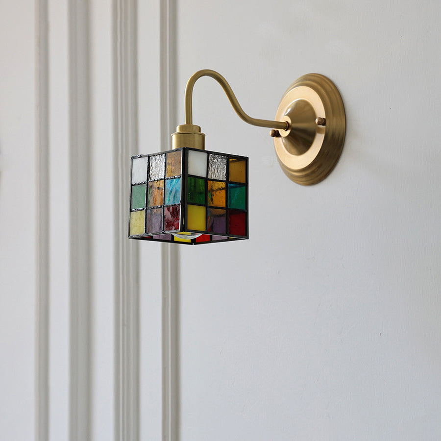 Traditional Vintage Square Rubik's Cube Tulip Brass Glass 1-Light Wall Sconce Lamp For Living Room