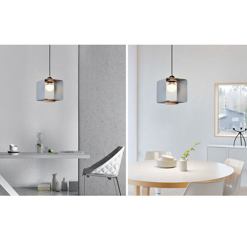 Nordic Creative Iron Solid Wood Square Geometry 1-Light Pendant Light