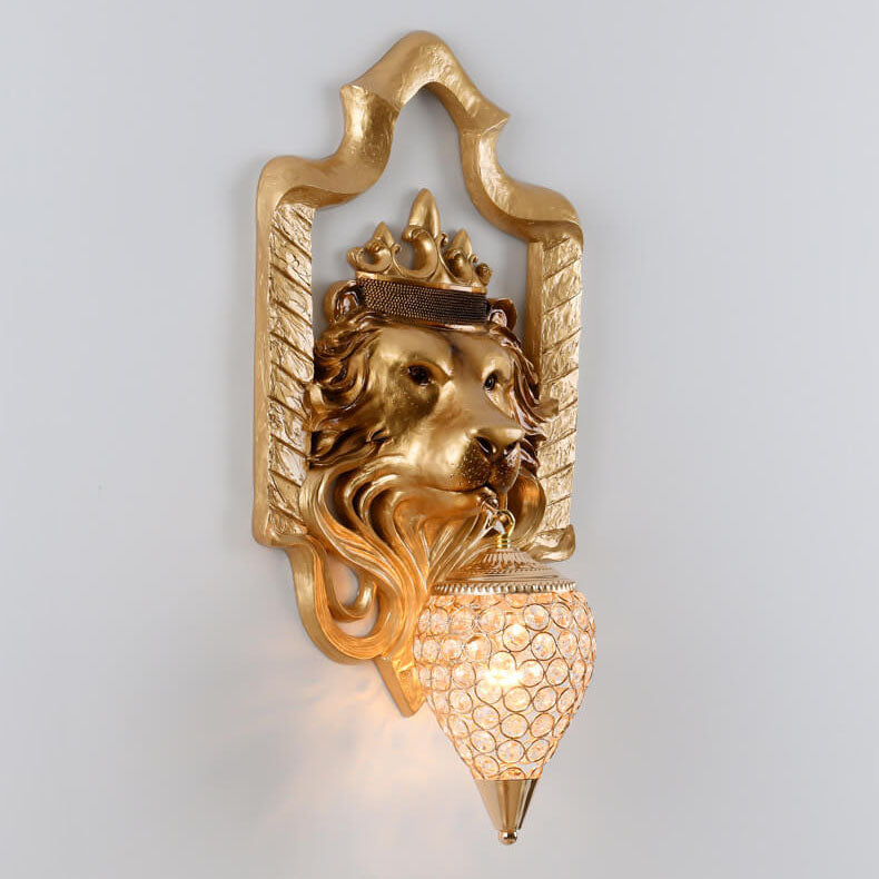 Vintage Lion Head Lantern Resin Crystal 1-Light Wall Sconce Lamp