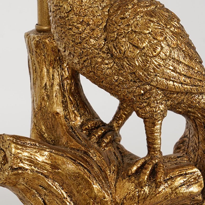 Traditional Vintage Cylindrical Peacock Resin Gold Foil Fabric 1-Light Table Lamp For Bedroom