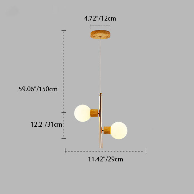 日本の侘び寂び 丸太鉄フレーム球状ガラス2灯シャンデリア
