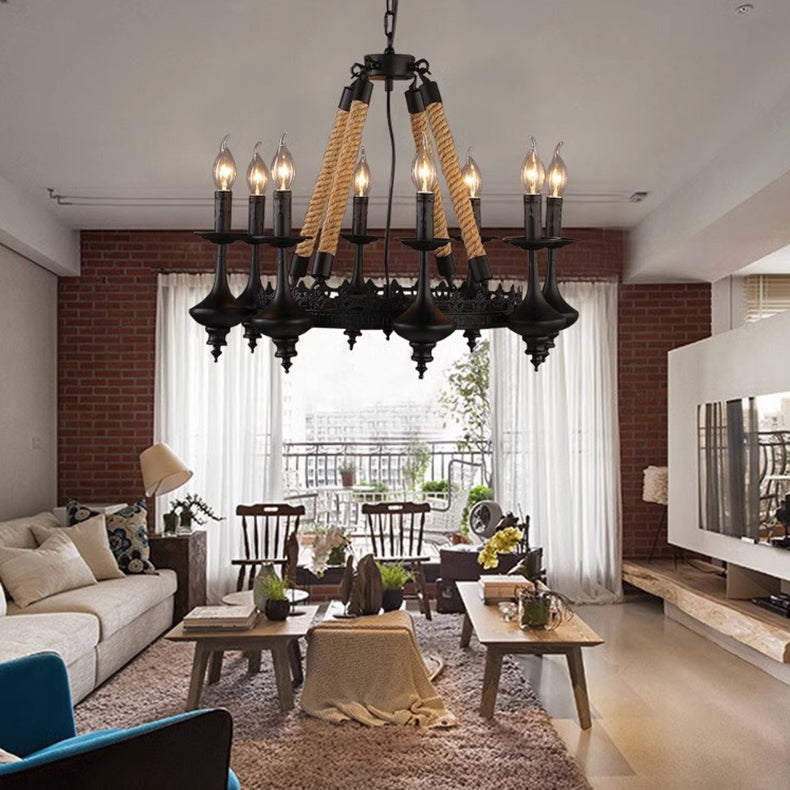 Traditional Vintage Round Candelabra Iron Hemp Rope 3/6/8 Light Chandelier For Living Room