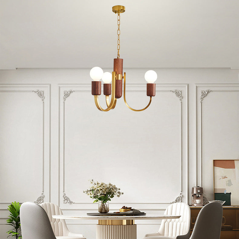 Contemporary Vintage Curved Rod Cylinder Candlestick Shape Copper Wood 3/4/5 Light Chandelier For Living Room