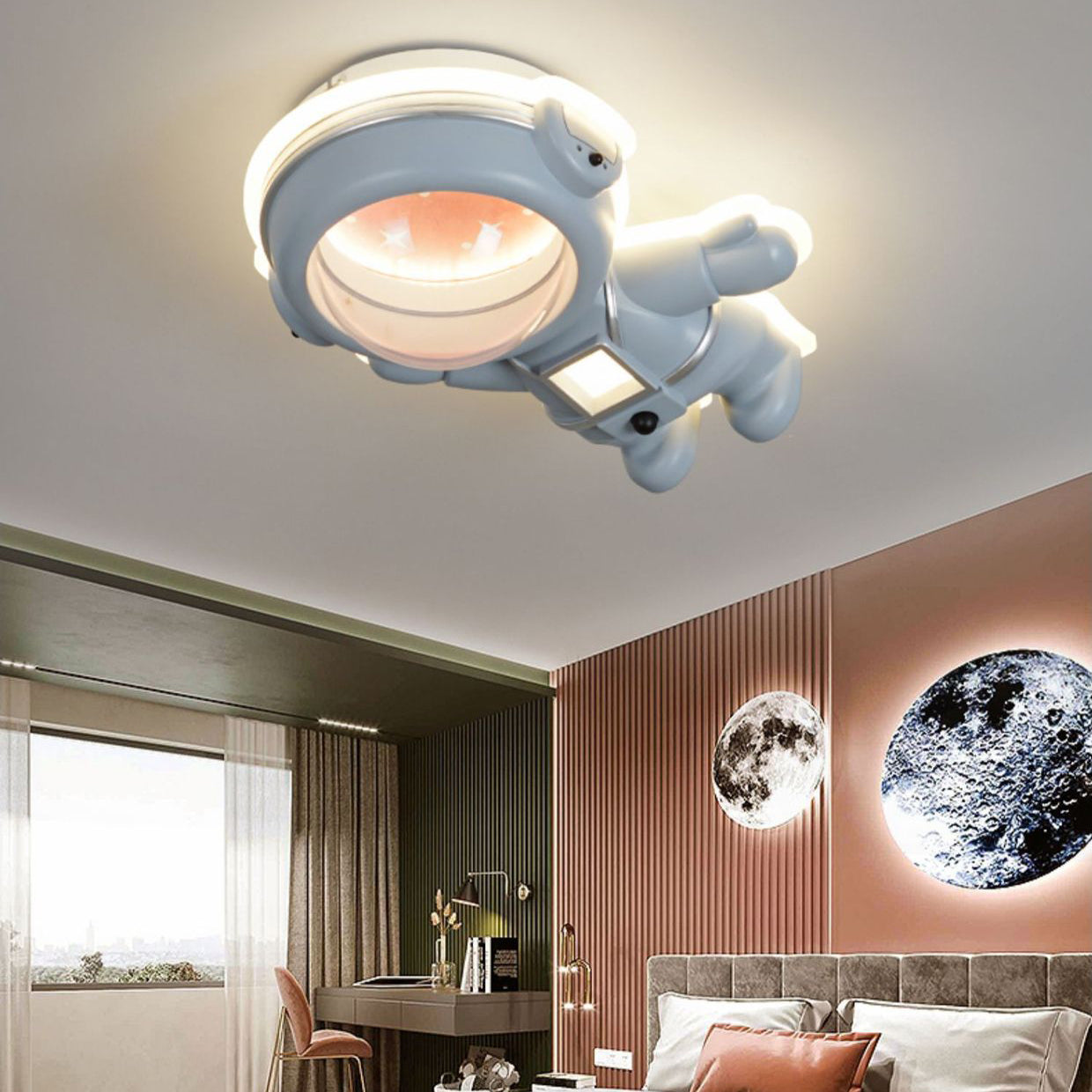 Contemporary Creative Kids Metal Acrylic Resin Astronaut Flush Mount Ceiling Light For Bedroom