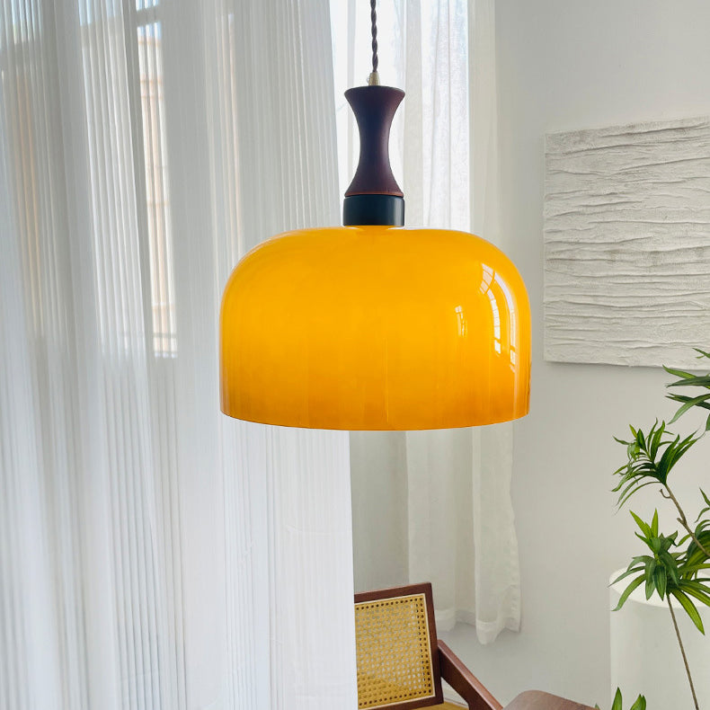Traditional Vintage Wooden Glass Round Cylinder 1-Light Pendant Light For Living Room