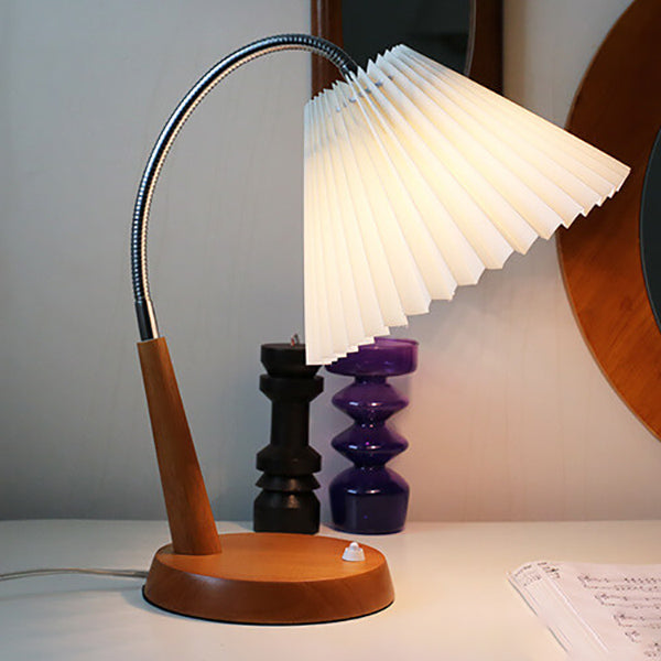 French Vintage Pleated Solid Wood Base Curved Arm 1-Light Table Lamp