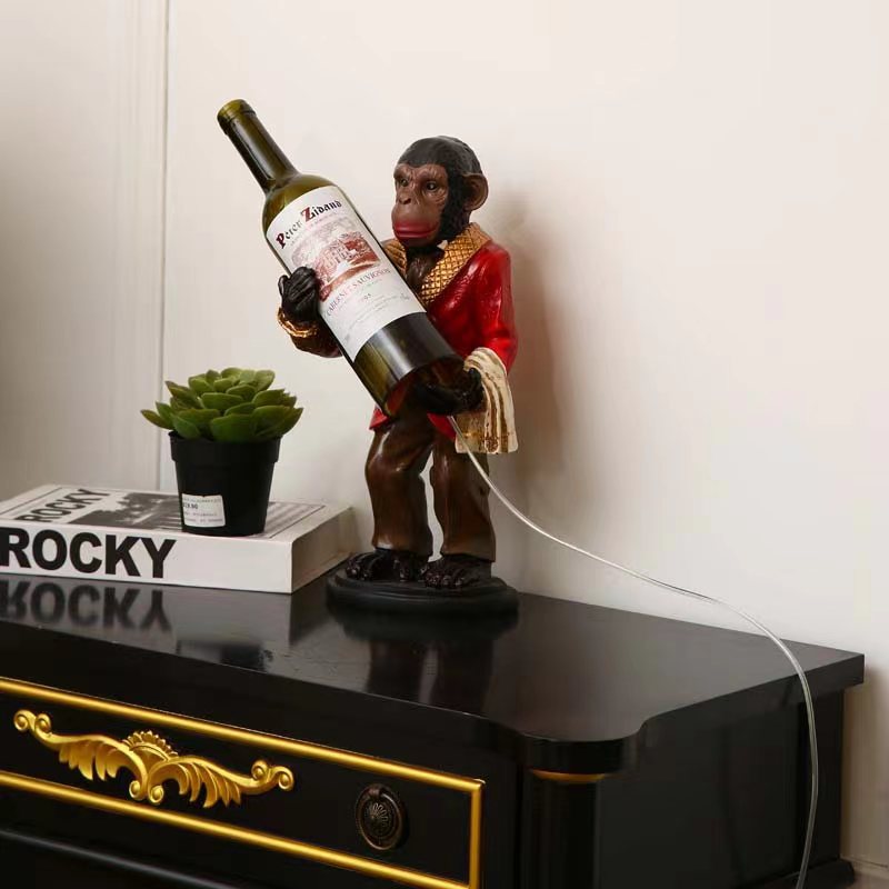 Contemporary Creative Orangutan Wine Bottle Glass Resin 1-Light Table Lamp For Living Room