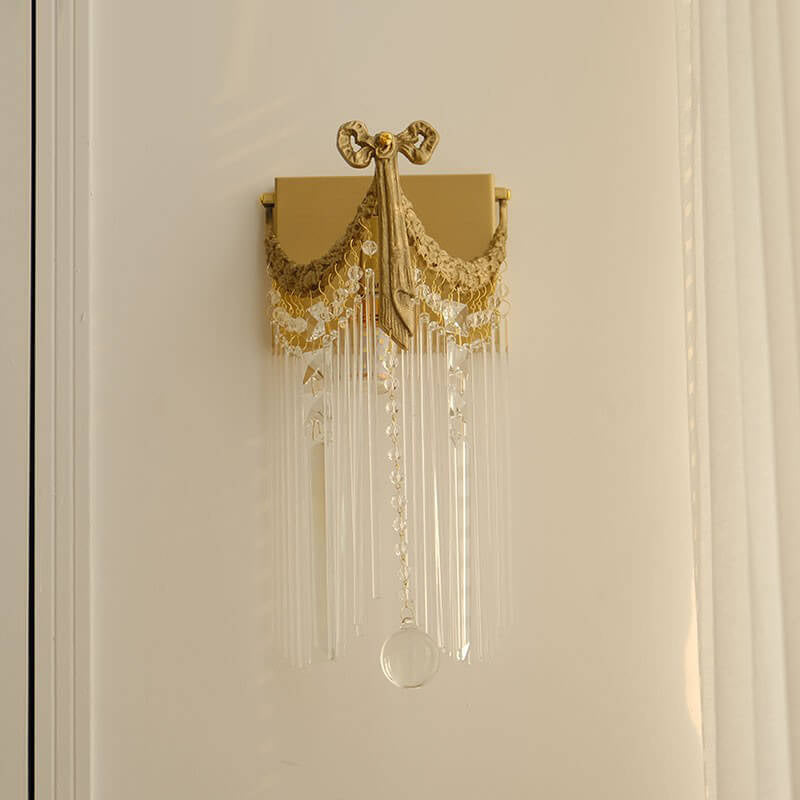 Vintage French Brass Crystal Square Bow Tie Design 1-Light Wall Sconce Lamp