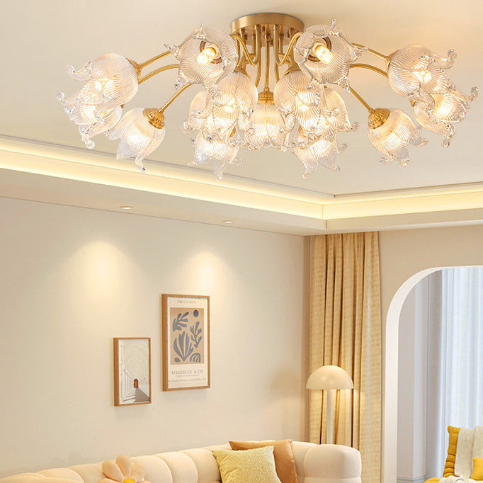 Traditional European Copper Glass Flower 5/12/15 Light Semi-Flush Mount Ceiling Light For Living Room