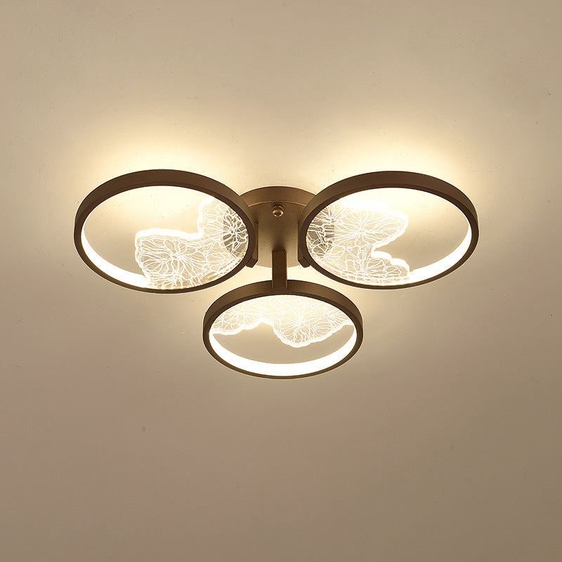 Traditional Chinese Zen Iron Round Frame Acrylic Flower Pattern LED Semi-Flush Mount Ceiling Light For Living Room