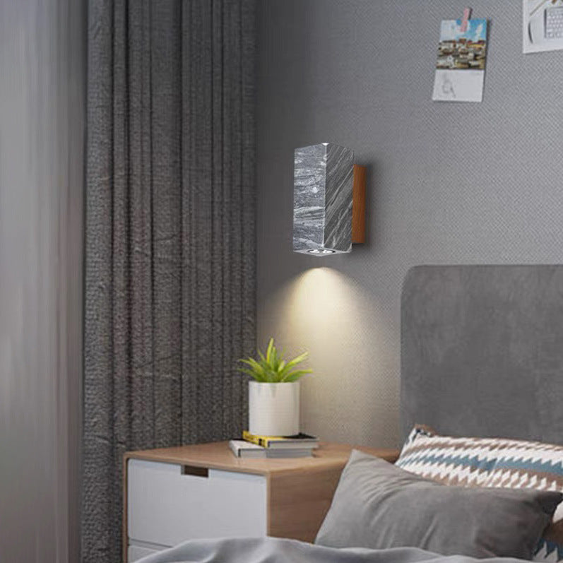 Modern Minimalist Cylinder Square Stone Wood 1-Light Wall Sconce Lamp For Bedroom