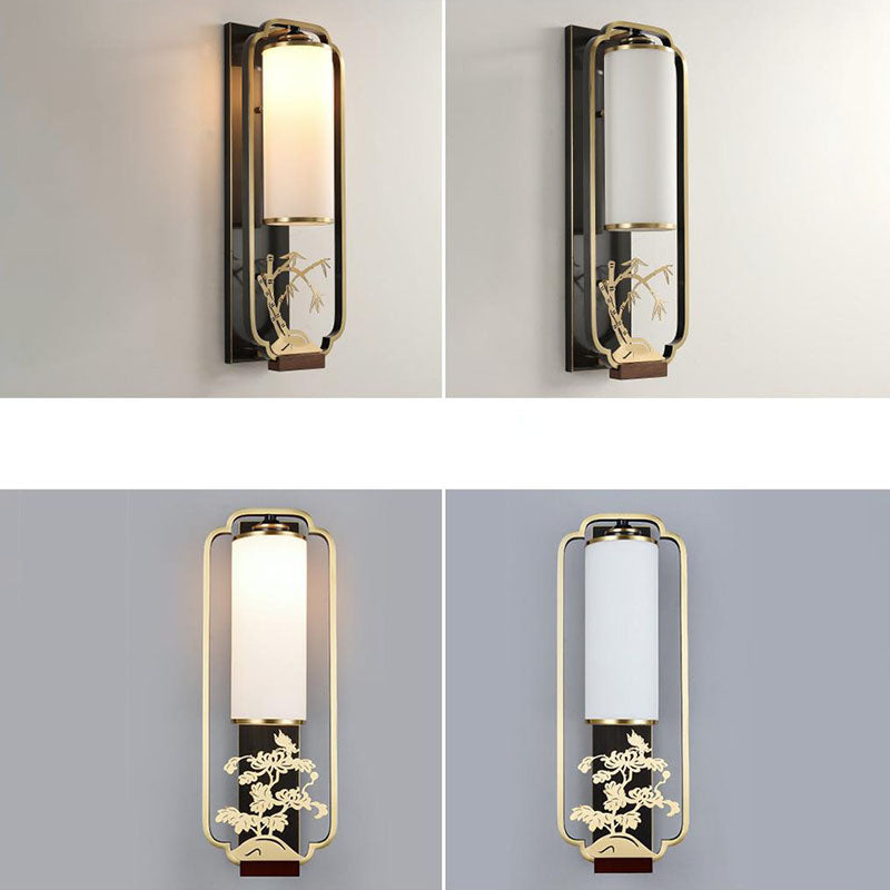 Traditional Chinese Carved Copper Frame Frosted Glass Cylinder Shade 1-Light Wall Sconce Lamp For Living Room