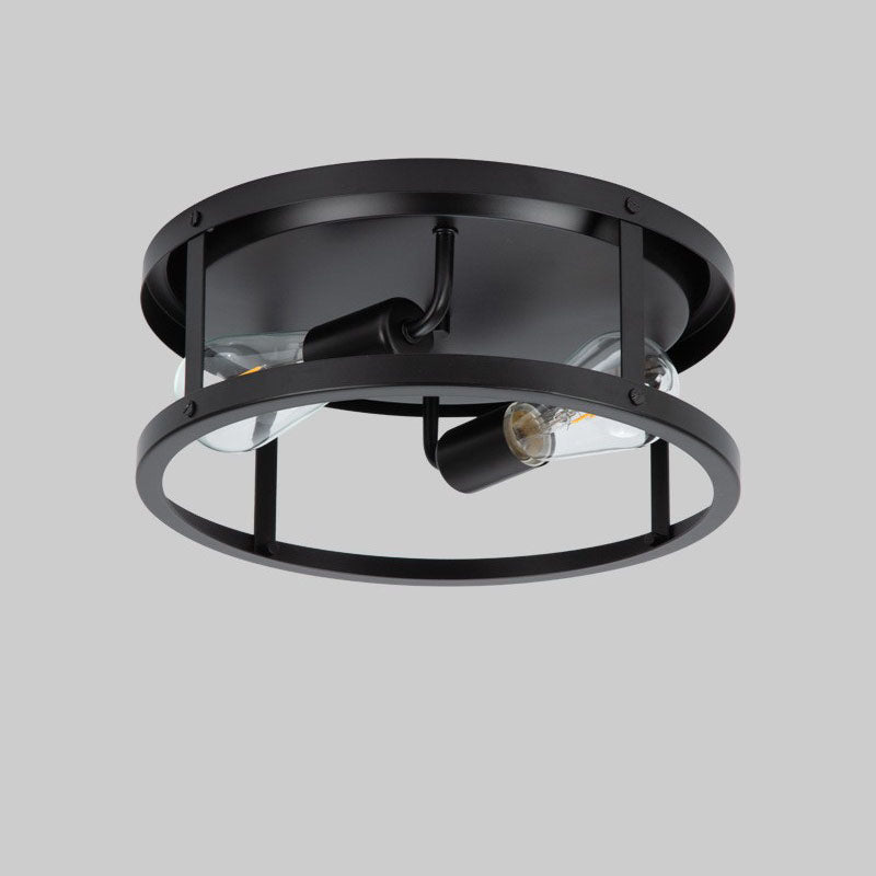 Industrial Vintage Iron Round Drum Hollow 2-Light Flush Mount Ceiling Light