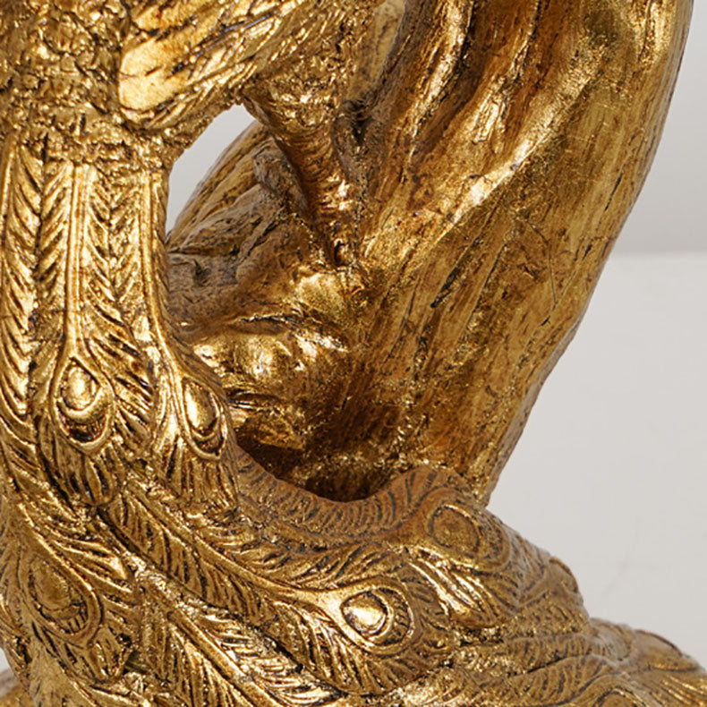 Traditional Vintage Cylindrical Peacock Resin Gold Foil Fabric 1-Light Table Lamp For Bedroom
