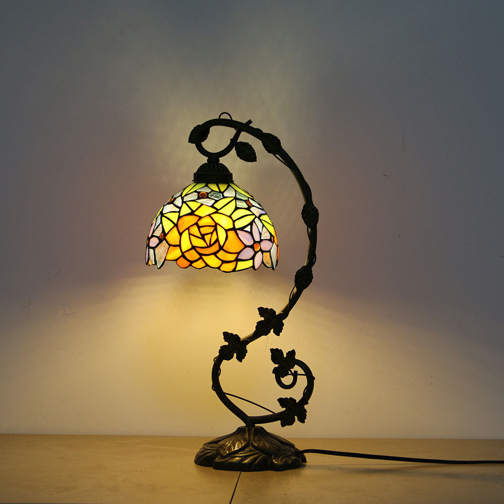 Traditional Tiffany Half Round Flower Vine Resin Stained Glass 1 Light Table Lamp For Bedroom