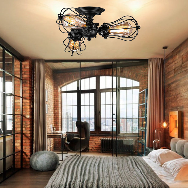 Contemporary Industrial Iron Cage Grill 3/4 Light Semi-Flush Mount Ceiling Light For Living Room