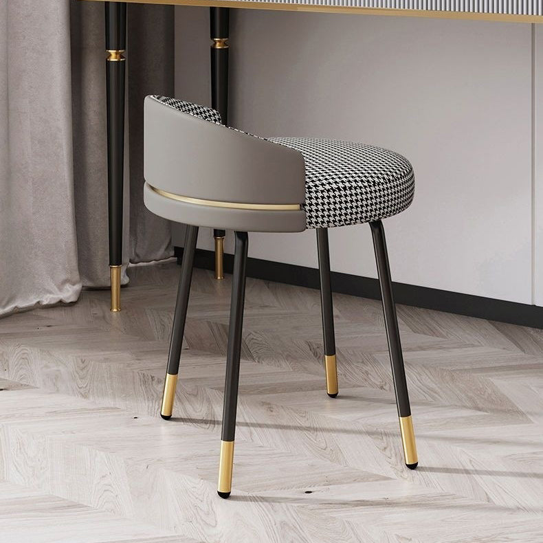 Contemporary Nordic Round Houndstooth Faux Leather Fabric Splicing Vanity Stool Low Back For Bedroom