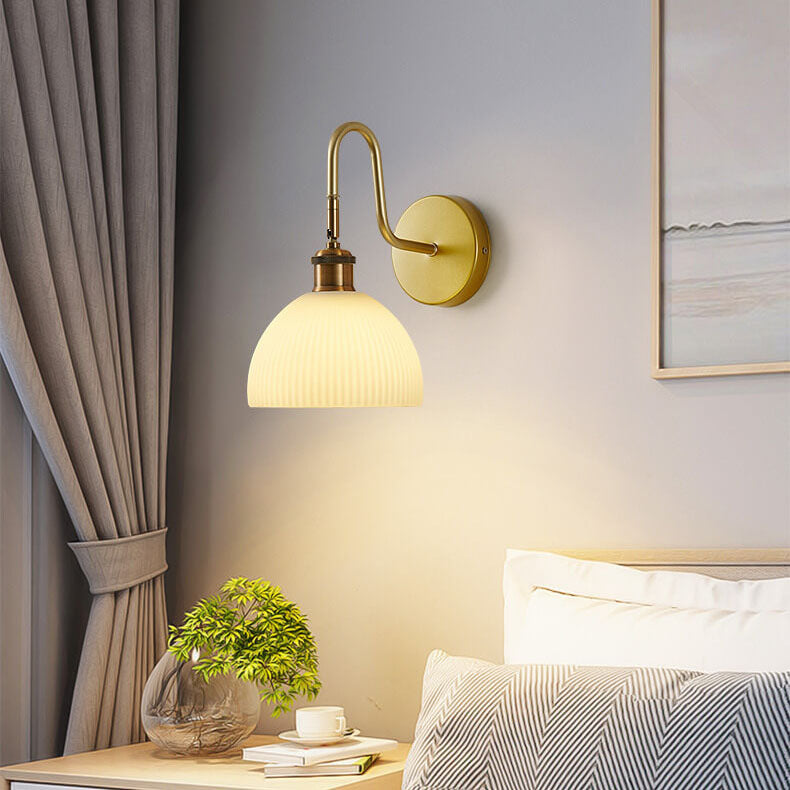 Nordic Striped Glass Dome Shade Curved Arm 1-Light Wall Sconce Lamp