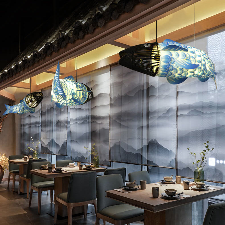 Traditional Chinese Koi Fish Iron PVC Fabric 2/4 Light Chandelier For Dining Room