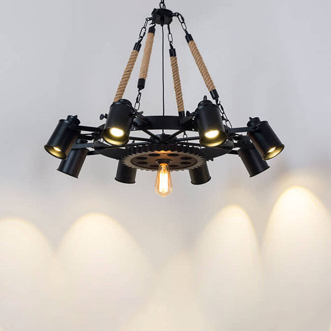 Industrial Retro Gear Wrought Ion Hemp Rope 6/8/10-Light Chandelier