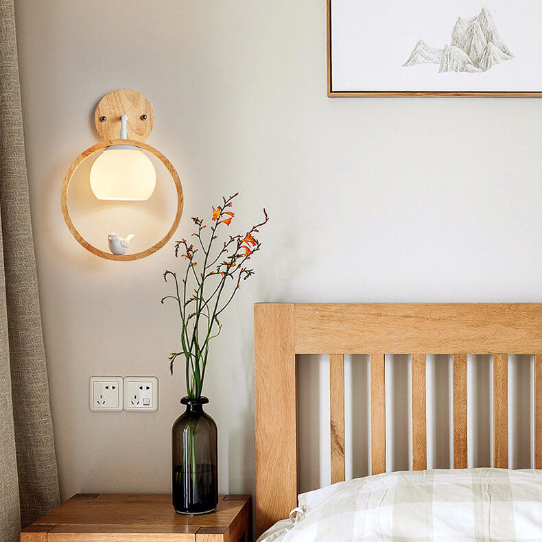 Nordic Minimalist Glass Wood Ring Bird Design 1-Light Wall Sconce Lamp