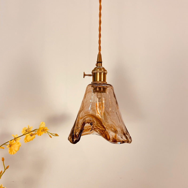 Traditional Vintage Amber Square Glass Brass 1-Light Pendant Light For Living Room