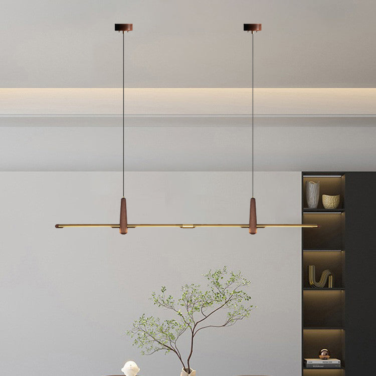Contemporary Scandinavian Copper Brass Wood Strip LED Kitchen Island Light Chandelier For Dining Room