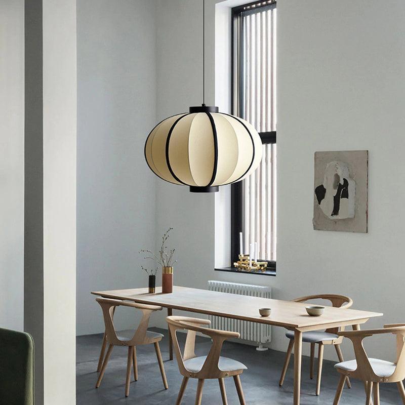 Traditional Chinese Fabric Lantern Iron Frame 1-Light Pendant Light For Living Room