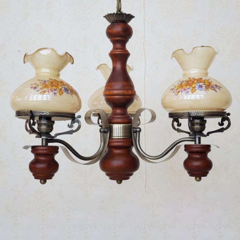 Traditional Rustic Candelabra Round Flower Iron Solid Wood 3-Light Chandelier For Living Room