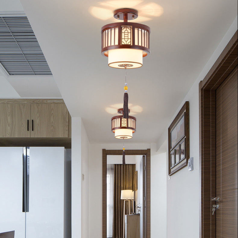 Traditional Chinese Solid Wooden Fabric Lantern Shade 1/3-Light Chandelier For Living Room