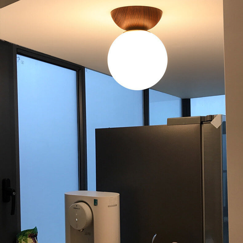 Nordic Japanese Glass Orb Wood Grain Iron 1-Light Ceiling Light
