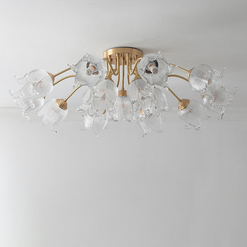 Traditional European Copper Glass Flower 5/12/15 Light Semi-Flush Mount Ceiling Light For Living Room