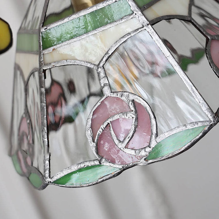 Vintage Tiffany Rose Flower Conical Stained Glass 1-Light Pendant Light