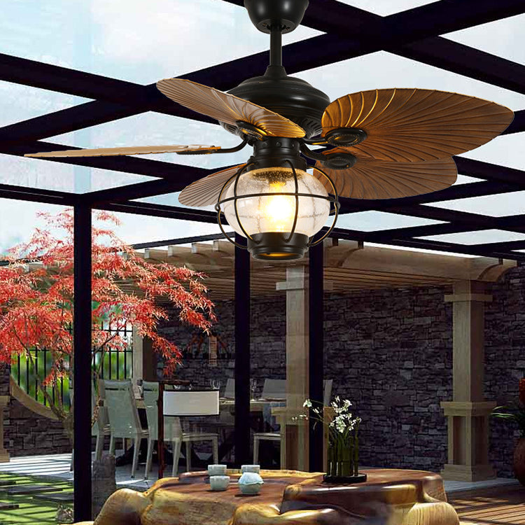 Traditional Rustic Lantern Banana Shaped Fan Leaf Iron Glass 1-Light Downrods Ceiling Fan Light For Outdoor Patio