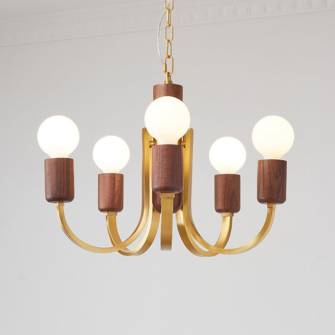 Contemporary Vintage Curved Rod Cylinder Candlestick Shape Copper Wood 3/4/5 Light Chandelier For Living Room