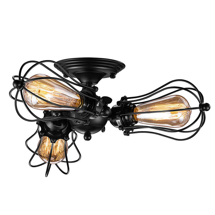 Contemporary Industrial Iron Cage Grill 3/4 Light Semi-Flush Mount Ceiling Light For Living Room
