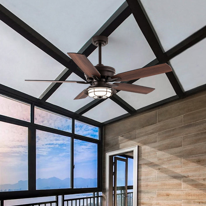 Contemporary Industrial Waterproof Wood Fan Blade Round Iron Frame Shade LED Downrods Ceiling Fan Light For Outdoor Patio