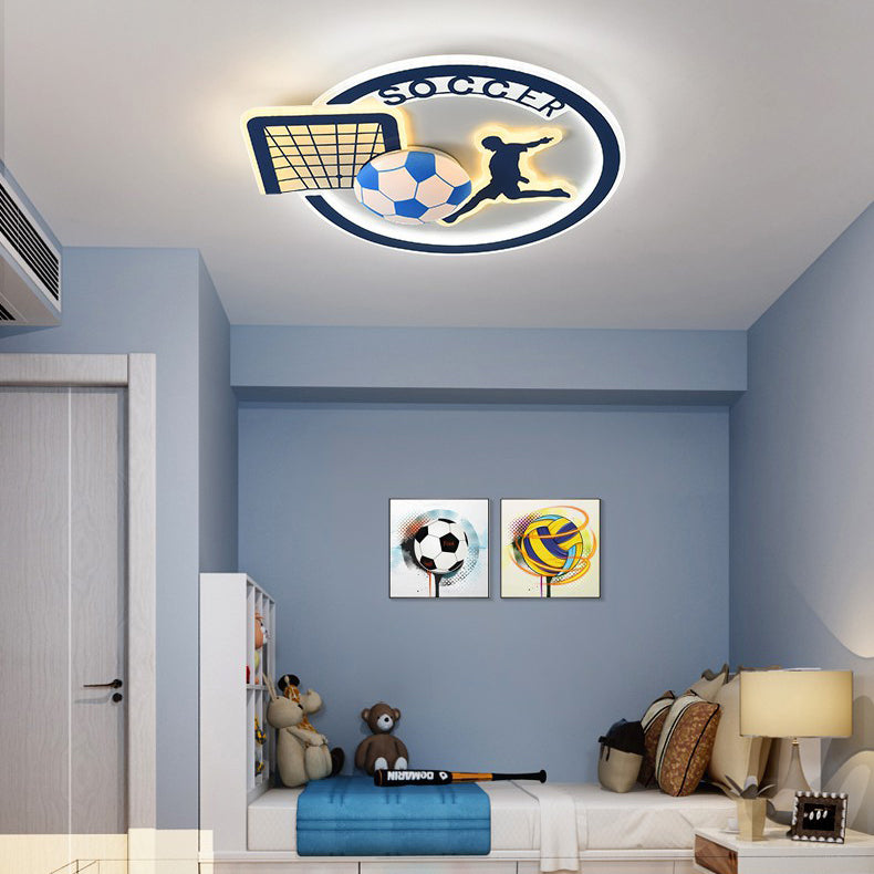 Contemporary Creative Kids Round Basketball Football Iron Acrylic LED Flush Mount Ceiling Light For Bedroom