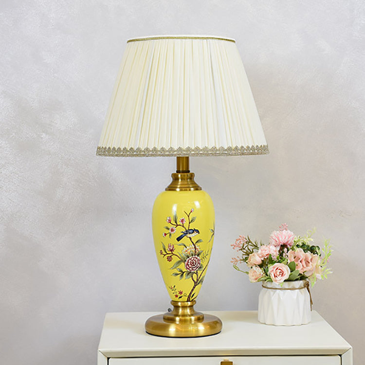 Traditional Chinese Bird And Flower Cylinder Hardware Ceramic Fabric 1-Light Table Lamp For Bedroom