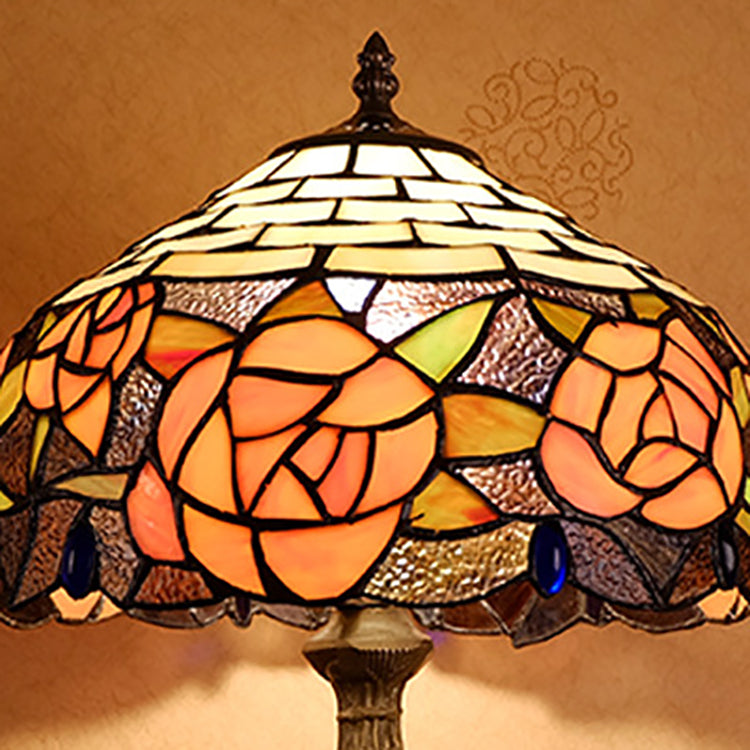 Traditional Tiffany Vintage Rose Stained Glass 1-Light Table Lamp For Study