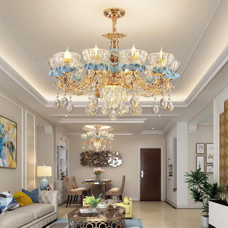 Traditional European Flower Candelabra Zinc Alloy Crystal Glass Ceramic 6/8/10/12 Light Chandelier For Living Room