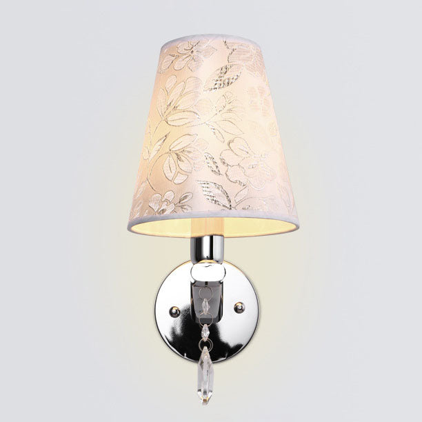 Modern Transitional Flower Pattern Fabric Shade Electroplated Iron Frame 1-Light Wall Sconce Lamp For Living Room