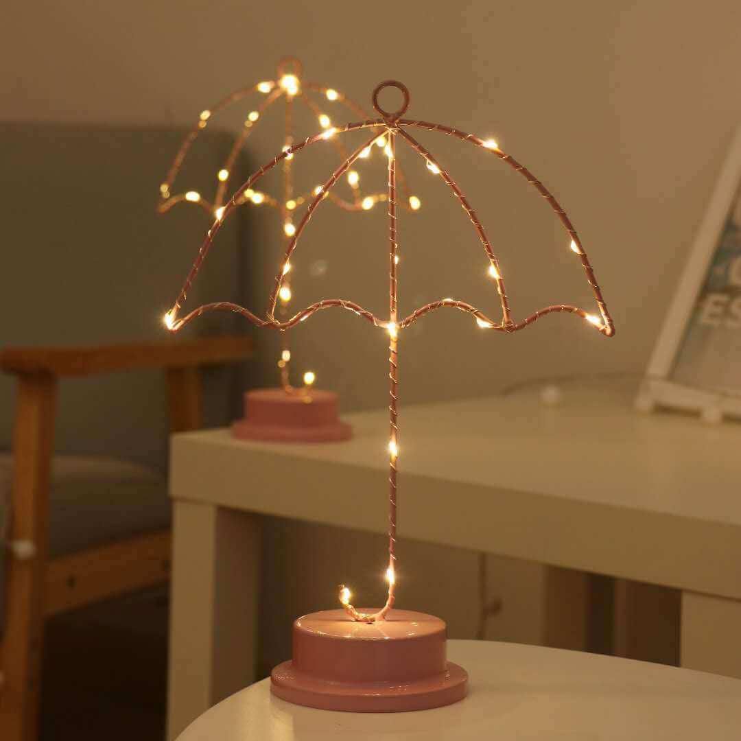 Creative Umbrella Pink Iron LED Decorative Battery USB Night Light Table Lamp