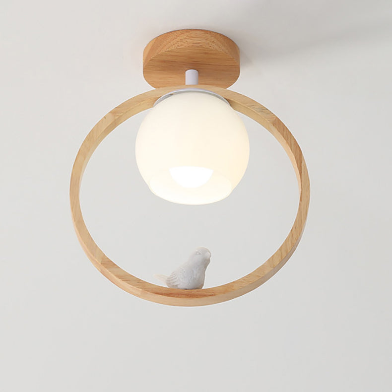Traditional Japanese Wood Circle Ring Glass Ball Shade Bird 1-Light Semi-Flush Mount Ceiling Light For Living Room