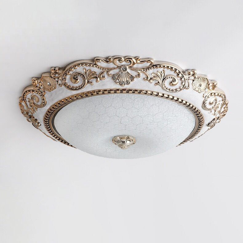 European Retro Round Carved Lace Resin Glass LED Flush Mount Ceiling Light