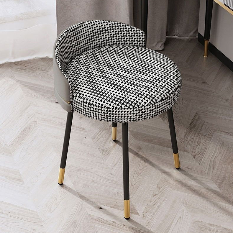 Contemporary Nordic Round Houndstooth Faux Leather Fabric Splicing Vanity Stool Low Back For Bedroom