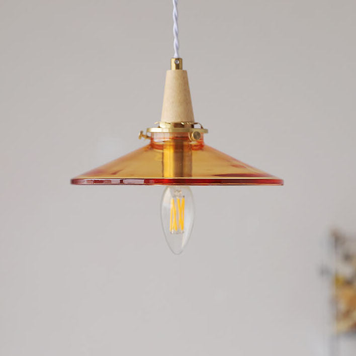 مصباح معلق خشبي صلب مخروطي زجاجي برتقالي عتيق مزود بمصباح واحد